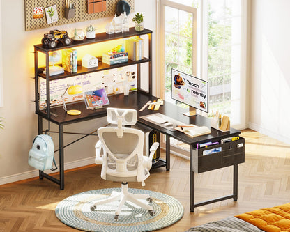 AODK L Shaped Desk Gaming Desk with LED Light & Power Outlet, 53 Inch Reversible L Shaped Computer Table with Shelf & Storage Bag & Hook for Home Office, Black