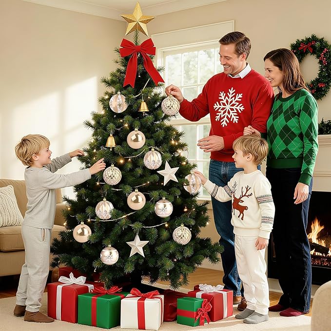 EveryMerry 24-Pack 3.1 Inch Christmas Ornaments Set - Champagne White Ornament Balls with 5 Various Designs with Strings, Sturdy, Kraft Box with Lid for Xmas Tree, Holiday Party & Home Decor