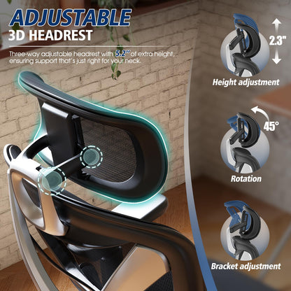 GABRYLLY Ergonomic Office Chair, Big and Tall Mesh Chair with Lumbar Support, 3D armrest - 215° Rotation, Adjustable Headrest & Soft Seat, Durable Computer Chair 350LBS for Work Gaming