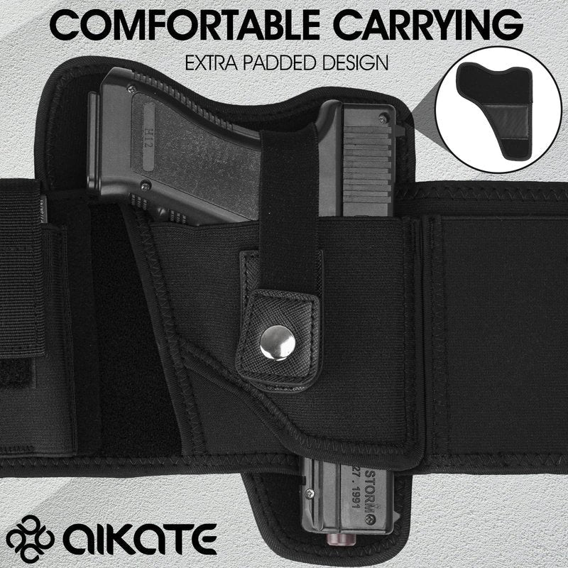 AIKATE Upgraded Belly Band Holster for Concealed Carry, Deep Concealment Gun Holster for Men, Waistband Holsters Fits for Glock 19, 17, M&P Shield 9MM Most Pistols (Fits Belly Up to 55", Right)