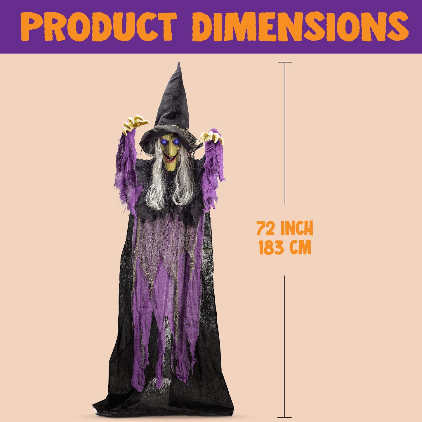 JOYIN 72” Halloween Hanging Witch Decorations Outdoor, Flying Talking Ghost Decor Light Up Eyes Sound Activated, Outside Indoor Haunted House Prop for Lawn Yard Garden, Purple