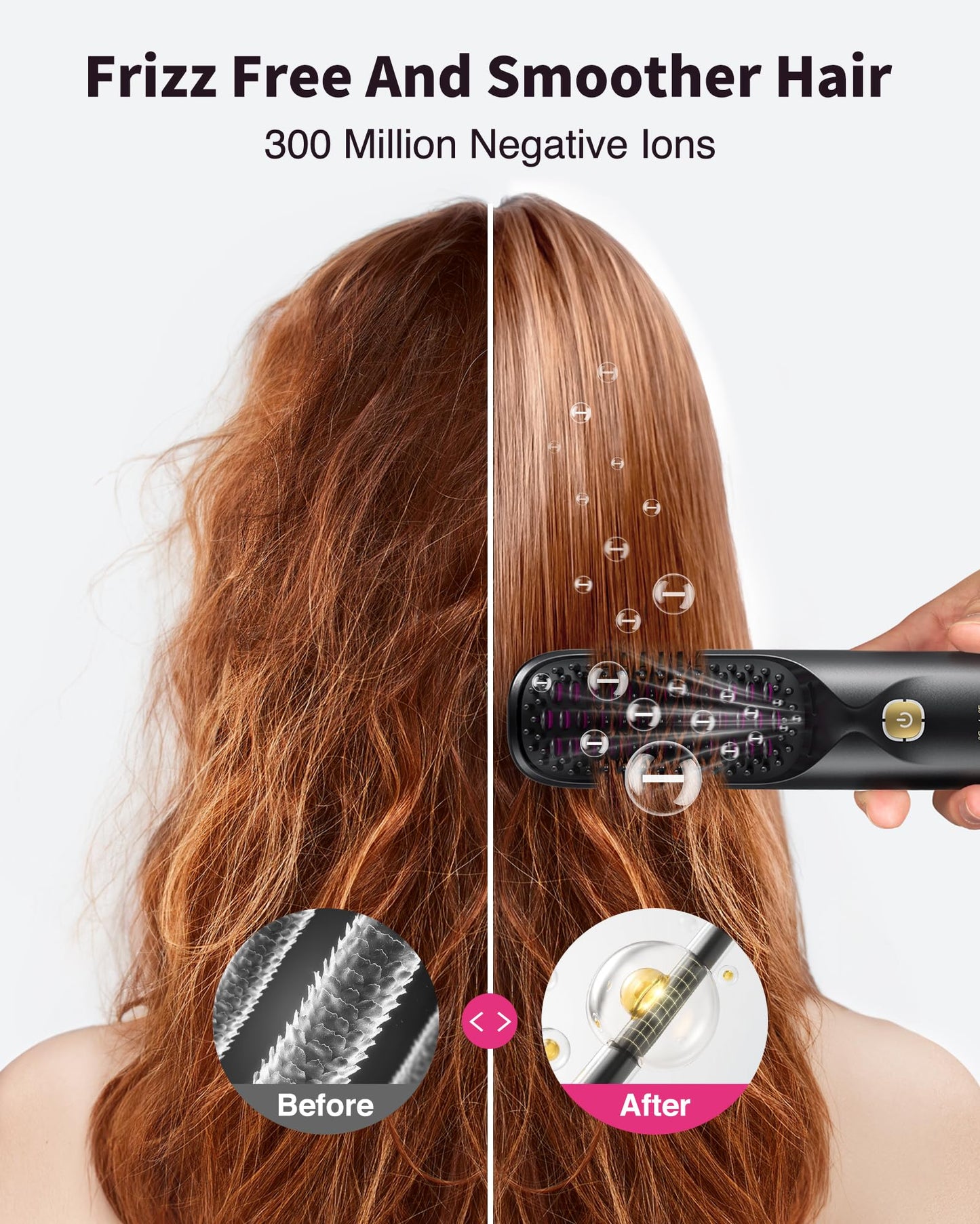 Cordless Hair Straightener Brush - Portable Hair Brush for Travel - 30s Fast Heating - 300 Million Negative Ions for Frizz-Free Shine,Touch Up On-The-Go,Gift for Women,10000mAh