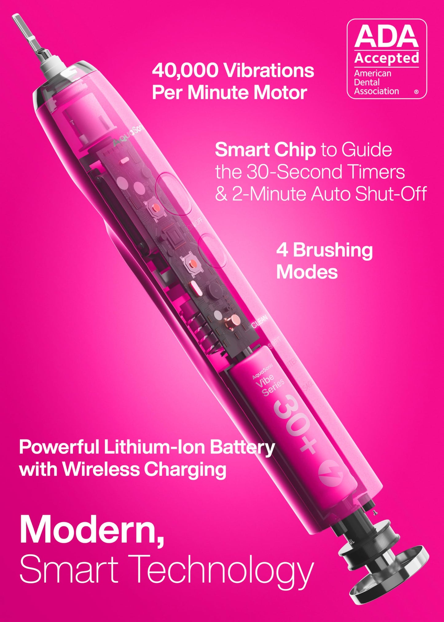 Aquasonic Vibe Series Ultra-Whitening Toothbrush – ADA Accepted Electric Toothbrush - 8 Brush Heads & Travel Case – 40,000 VPM Motor & Wireless Charging - 4 Modes w Smart Timer – Satin Rose Gold