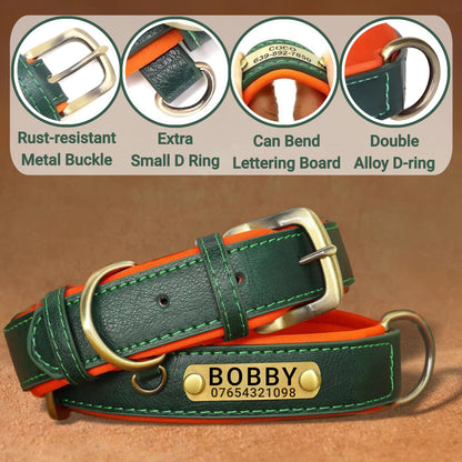 SEOUGEE Genuine Leather Dog Collar Personalised, Soft Padded Leather Dog Collars Heavy Duty with Custom Engraved Name Plate Adjustable for Small Medium Large Dogs (L, Green 35-45cm)