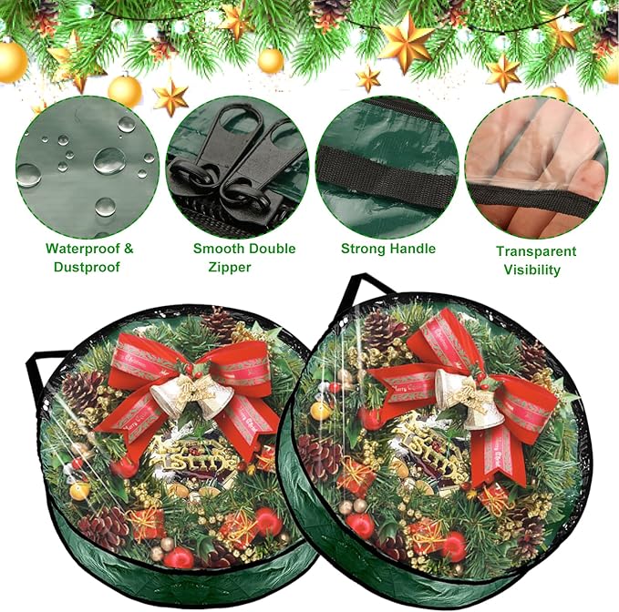 6 PCS Clear Wreath Storage Bag, 24x8 Inch Christmas Wreath Storage Container, PVC+PE Wreath Protector with Handle for Xmas Holiday Seasonal Wreath Garland (Green)
