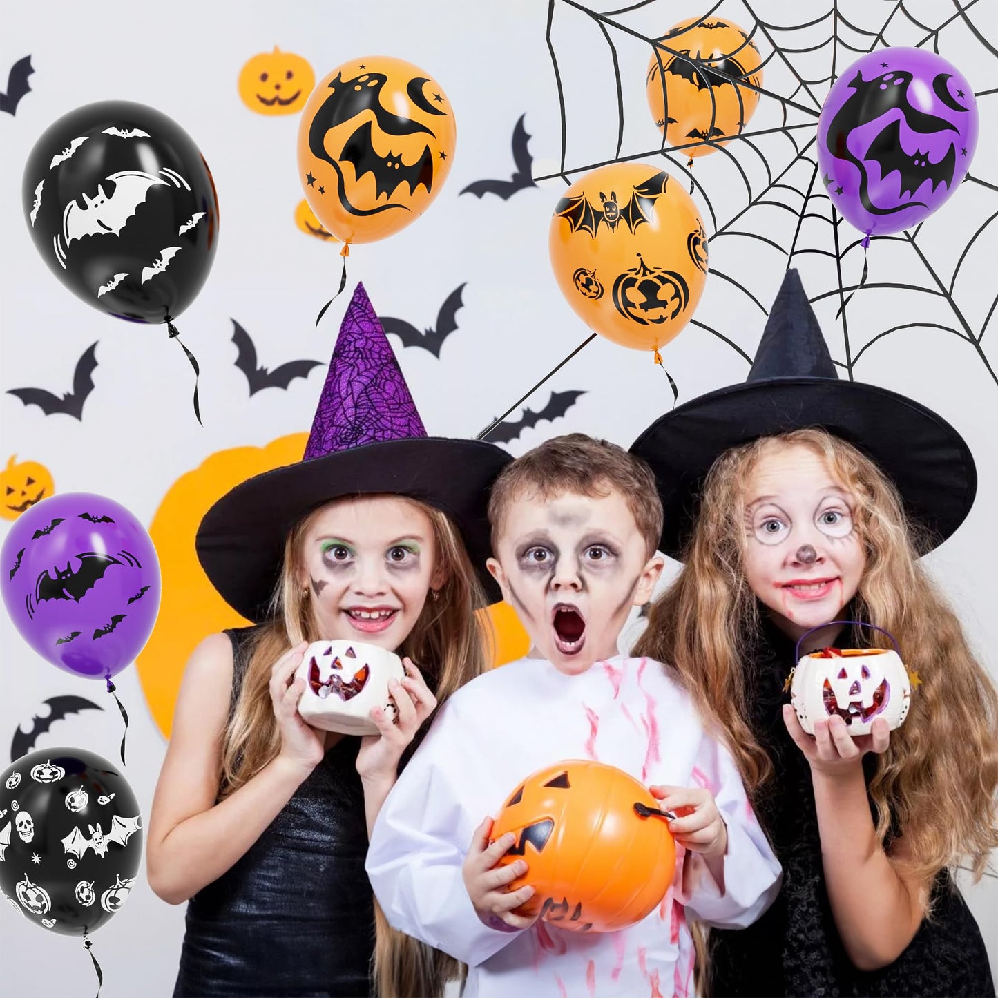 Halloween Balloons, 60Pcs 12 Inches Balloons 9 Styles Black Orange Purple Halloween Pumpkin Ghost Bat Skull Spider Webs Print Balloons for Halloweenn Party Decorations Halloweene Party Supplies