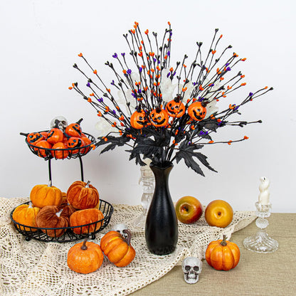 12 PCs Spooky Halloween Flowers Artificial 17 Inches Orange Black Floral Stems Gothic Halloween Pumpkin Stems with Ghost Floral Picks for Vase Floral Arrangements Table Centerpieces Decorations