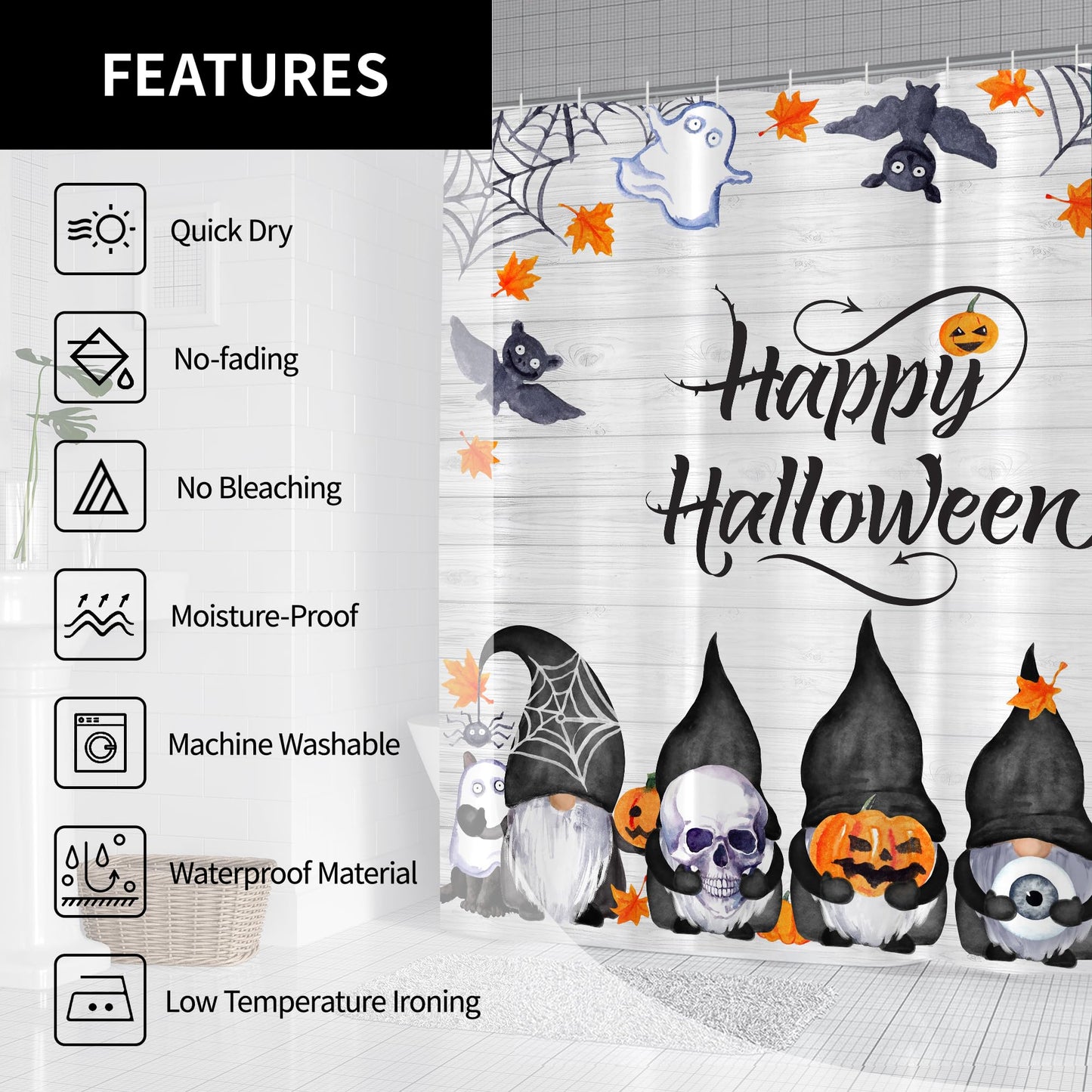 Visioun Halloween Cute Funny Gnomes Spooky Pumpkin Shower Curtain for Bathroom 72W*72H Inch Farmhouse Rustic Horror Bathtub Skull Ghost Maples Bat Decor Waterproof Polyester Fabric Set with 12 Hooks