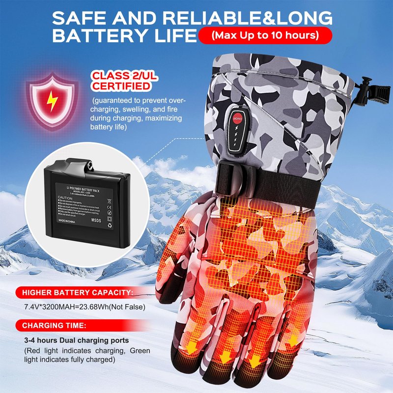 Acroutro Heated Gloves for Men&Women, 5-Temp Settings Camouflage Rechargeable with 7.4V 6400mAh Rechargeable Battery, Waterproof Touchscreen Winter Gloves for Skiing,Motorcycle, Work, Hunting（L）