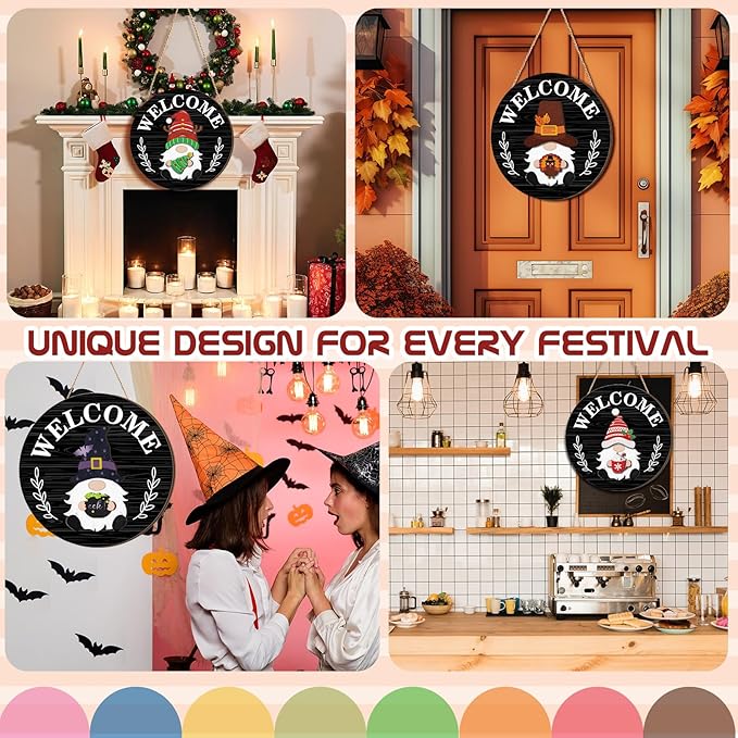Qunclay Interchangeable Wooden Gnome Decor Holiday Seasonal Gnome Decorations with Magnet Pieces and Detachable Hats Changeable Welcome Sign for Home(Black Style)