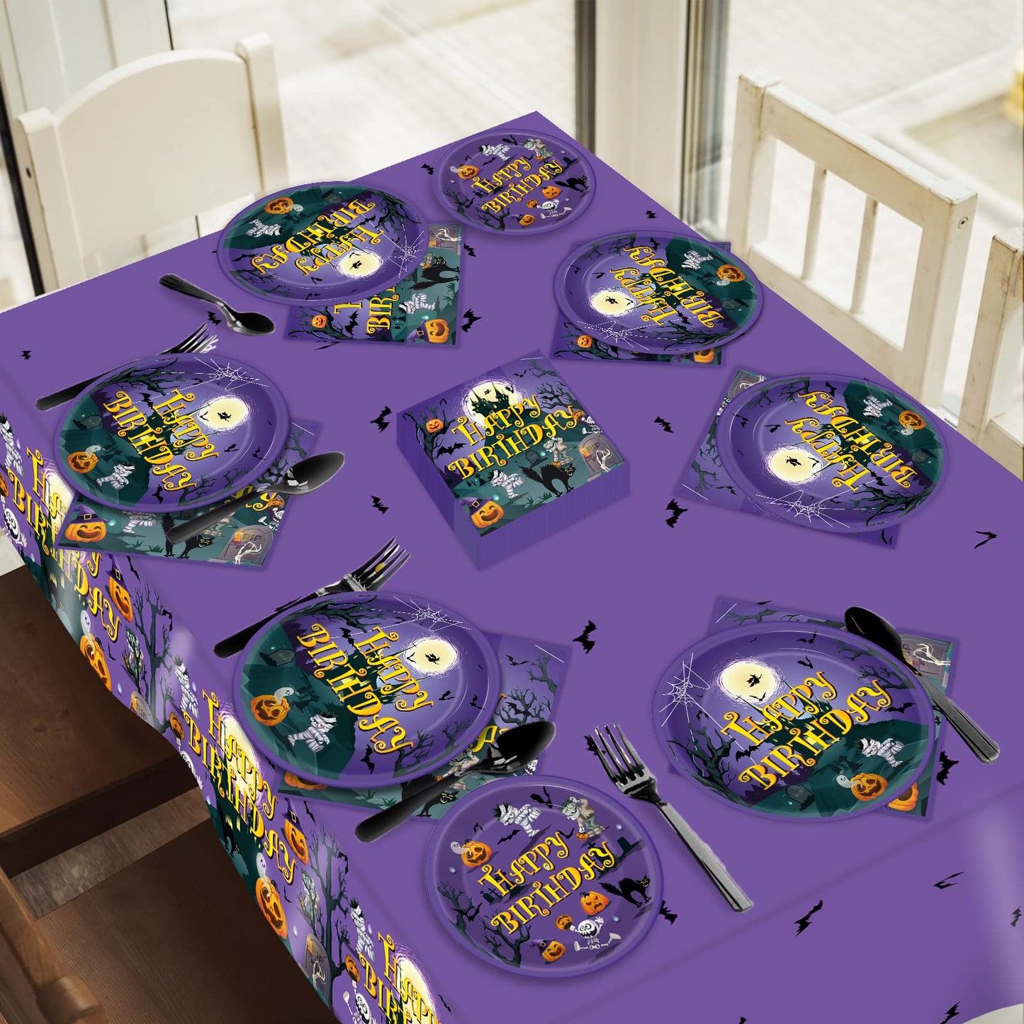 Tevxj 96PCS Happy Birthday Halloween Tableware Set Halloween Dinnerware Disposable Dessert Plates Birthday Party Plates Napkins Forks for Halloween Party Decorations Supplies 24 guests