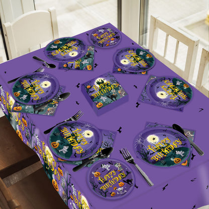 Tevxj 96PCS Happy Birthday Halloween Tableware Set Halloween Dinnerware Disposable Dessert Plates Birthday Party Plates Napkins Forks for Halloween Party Decorations Supplies 24 guests