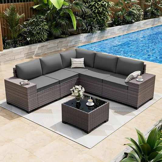 ALAULM 6 Pieces Patio Furniture Set, Oversized Seat/Armrest and High Back Wicker Sectional Furniture Set with Thick Cushion for Backyard, Garden, Grey