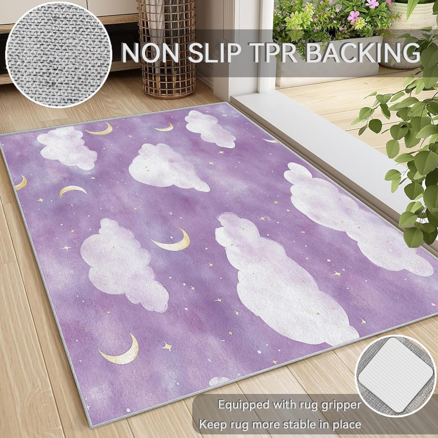 Vzdrahelia Purple Cloud Rug 3x4,Moon Star Area Rug Washable,Kids Girls Rugs for Living Room, Bedroom,Cloud Pattern Carpet Home Decor, Non Slip