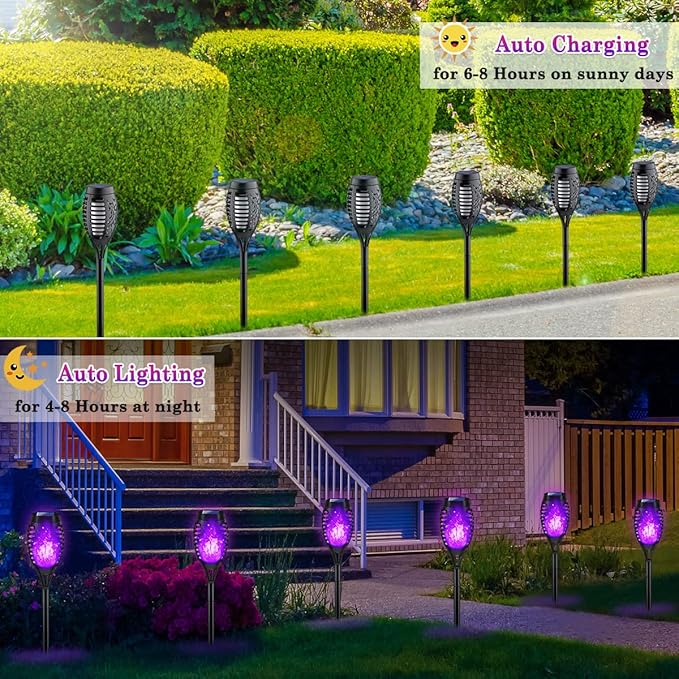 12Pack Purple Solar Torch Lights for Outdoor Halloween Decorations, Halloween LED Lights for Outdoor Decor, Solar Flame Torches for Outside Decor, Luces Solares for Pathway Garden Yard Decorations
