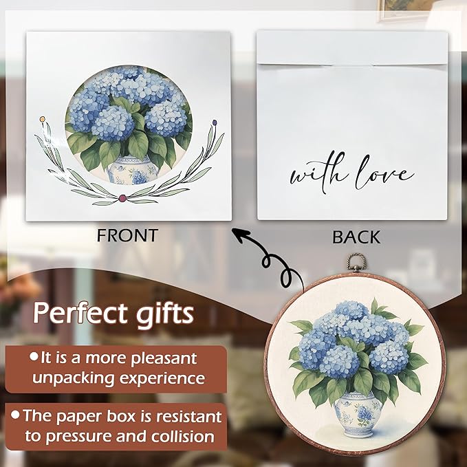 Threegoat Chinoiserie Spring Floral Framed Round Wall Art,Blue and White Hydrangea Flowers Wall Art Decor for Bedroom,Vintage Wall Hanging Decor for Grand Millenial Grandmillennial Home - A01