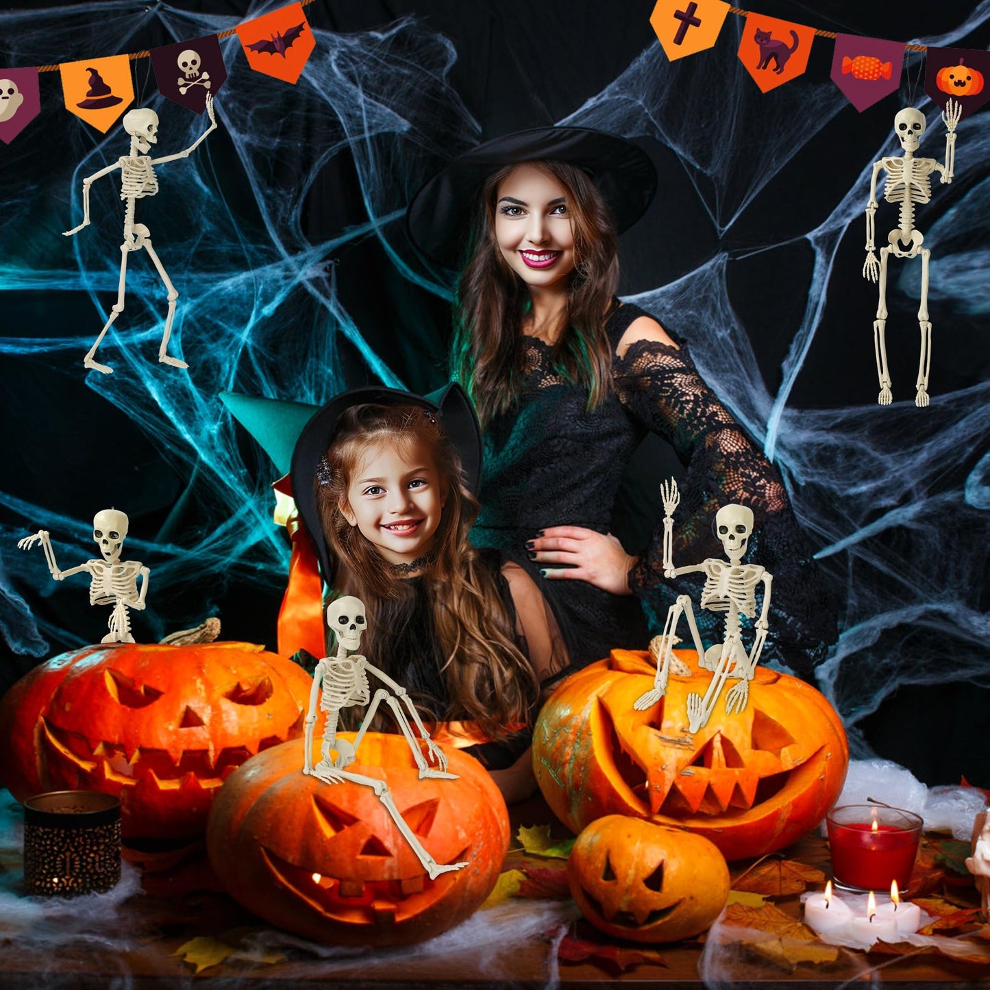 Kelool 2 Pack Halloween Skeleton Decorations,15.7" Spooky Full Body Mini Skeleton with Movable Posable Bones,Spooky Skeleton for Halloween Party Decor,Yard Graveyard Haunted House Props