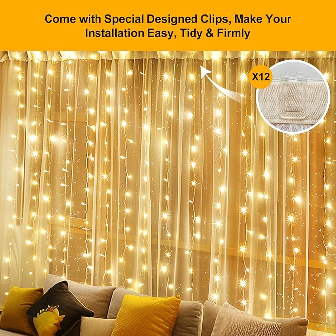 200 LED Fairy Curtain Lights, 6.6 x 6.6 FT Warm White USB Plug in 8 Modes String Hanging Lights with Remote for Christmas, Bedroom, Indoor, Outdoor, Weddings, Party (Warm White)