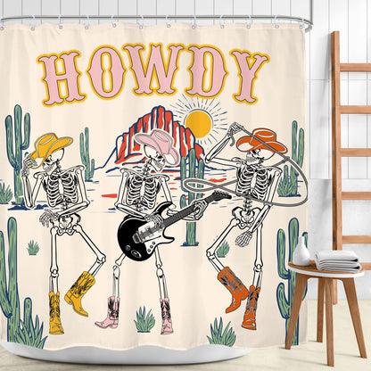 Mitpok Halloween Western Cowboy Skull Shower Curtain Funny Skeleton Retro Cowgirl Texas Howdy Funky Groovy Wild West Desert Gothic Cool Mountain Cactus 72Wx72H Bathroom Decor Bath Curtain 12 Pack Hook