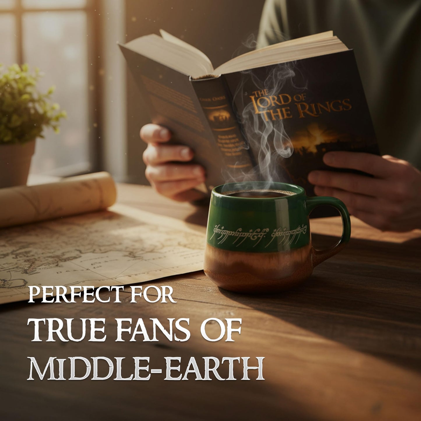 Silver Buffalo Lord of The Rings Elven Text High Gloss Reactive Glaze Tapered Pottery Mug,18 Ounces