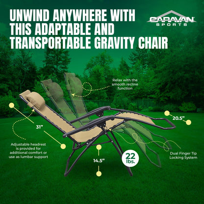 Caravan Sports Zero Gravity Outdoor Portable Folding Camping Lawn Deck Patio Pool Recliner Lounge Chair for Adults, Adjustable Headrest, Beige