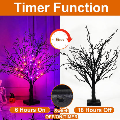 Timer - 24 Inch Lighted Halloween Tree with Orange & Purple LED Lights Black Tree Battery Operated Tabletop Spooky Tree for Halloween Decorations Indoor Home Table Party Holiday Festival Decor