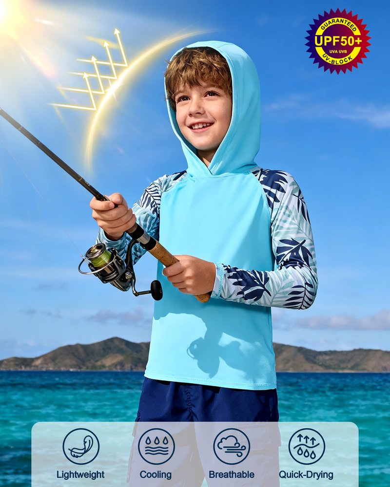 DRONIRING Boys Rash Guard Swim Hoodie, UPF 50+ UV Sun Protection Long Sleeve Fishing Shirt, Kids Youth SPF Water Shirts Blue