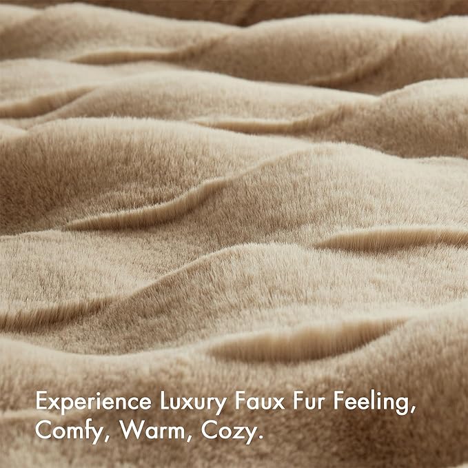 Madison Park Luxuriously Cozy Soft Long Faux Fur Basketweave Blanket, Reversible Soft & Snuggly Velvet Throw, Lightweight, Breathable, All Season, Trendy Room Décor, 50x60, Tan