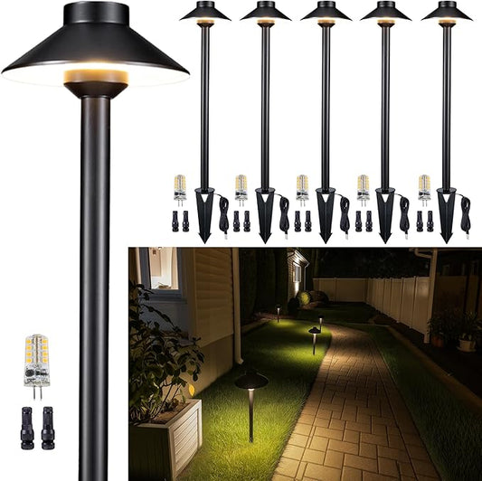 Gardenreet Brass Hardwired Landscape Path Light, 12V Low Voltage Pathway Lights IP65 Waterproof, Outdoor Walkway Lighting Wired, Hat-top Black for Patio Lawn with 4000K Neutral White G4 Bulb (6 Pack)