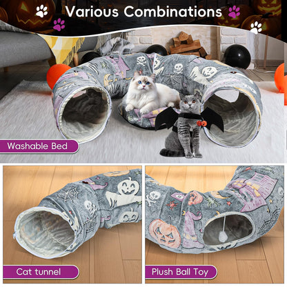 Tidjani Halloween Cat Tunnel Bed, Cat Tunnels for Indoor Cats with Bat Wings, Foldable Pet Donut Bed with Middle Mat and Dangling Balls, Pet Play Toy with Ghost, Spider Web Pattern Decorations