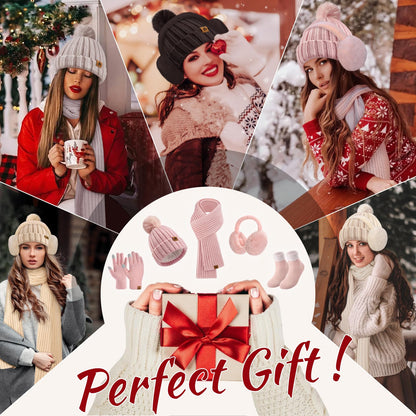 Yusongirl Winter Women Scarf Gloves Beanie Ear Muffs Socks Set Cold Weather Warm Knit Hat Fleece Long Neck Warmer 5 in 1 Set(Pink)