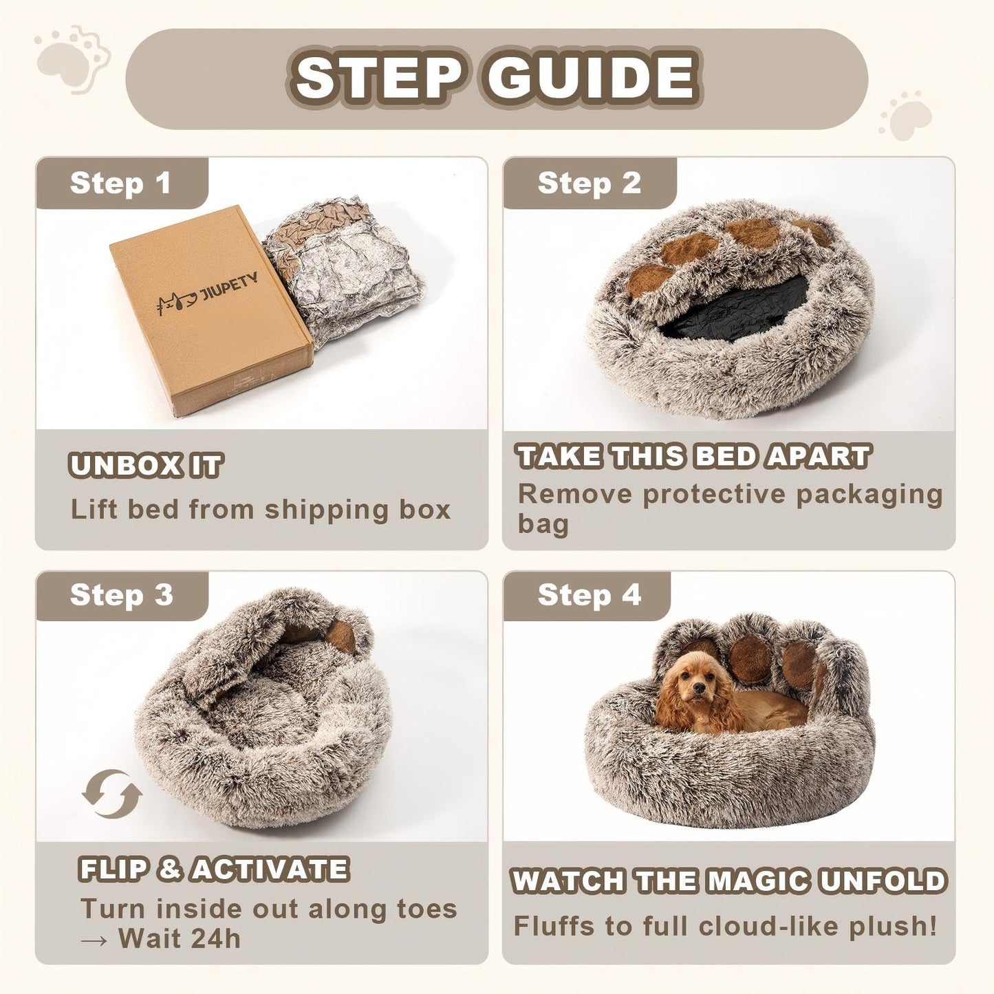 Jiupety Paw Shape Calming Pet Bed, Plush Faux Fur Donut Bed for Dogs & Cats, Machine Washable, Non-Slip Bottom, Large Size (26"×26"×8"), Gray