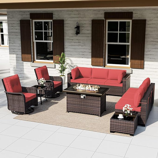ALAULM 11 Pieces Patio Furniture Set with 2 Swivel Chairs Patio Furniture Outdoor Sectional Sofas with 55000 Gas Fire Pit Patio Conversation Set w/8 Cushions-Red