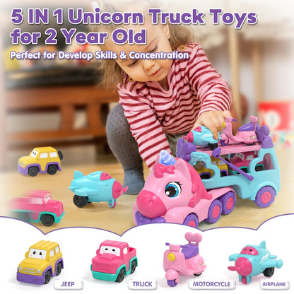 Lehoo Castle Toddler Toys for 1 2 3 Year Old Girls, Unicorn Gifts for Girls, 2 Year Old Cars Toys for kids, Birthday Gifts Carrier Truck with Light & Music