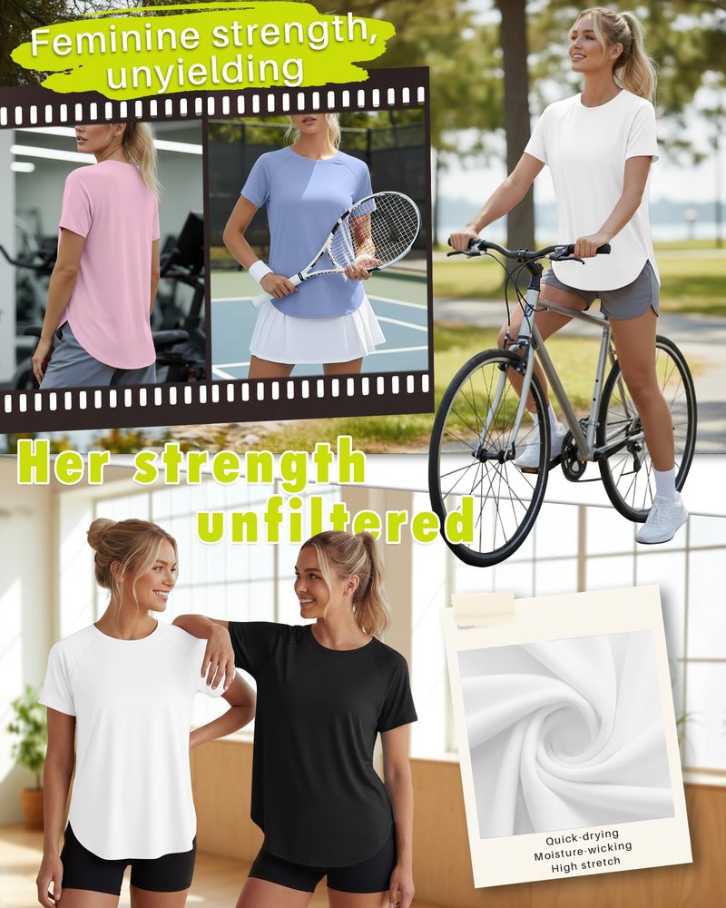 JoyMotion 4 Pack Women's Workout Shirts Quick Dry Athletic Tops Short Sleeve Loose Gym Yoga Running Tee Curved Hem Side Split(X-Large,Black, Sky Blue, Light Pink, White)