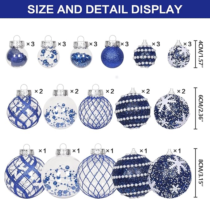 Super Holiday Christmas Ball Ornaments, 33PCS Blue Clear Shatterproof Plastic Foam Ornaments Set for Hanging Xmas Tree Holiday Thanksgiving Party Decor.