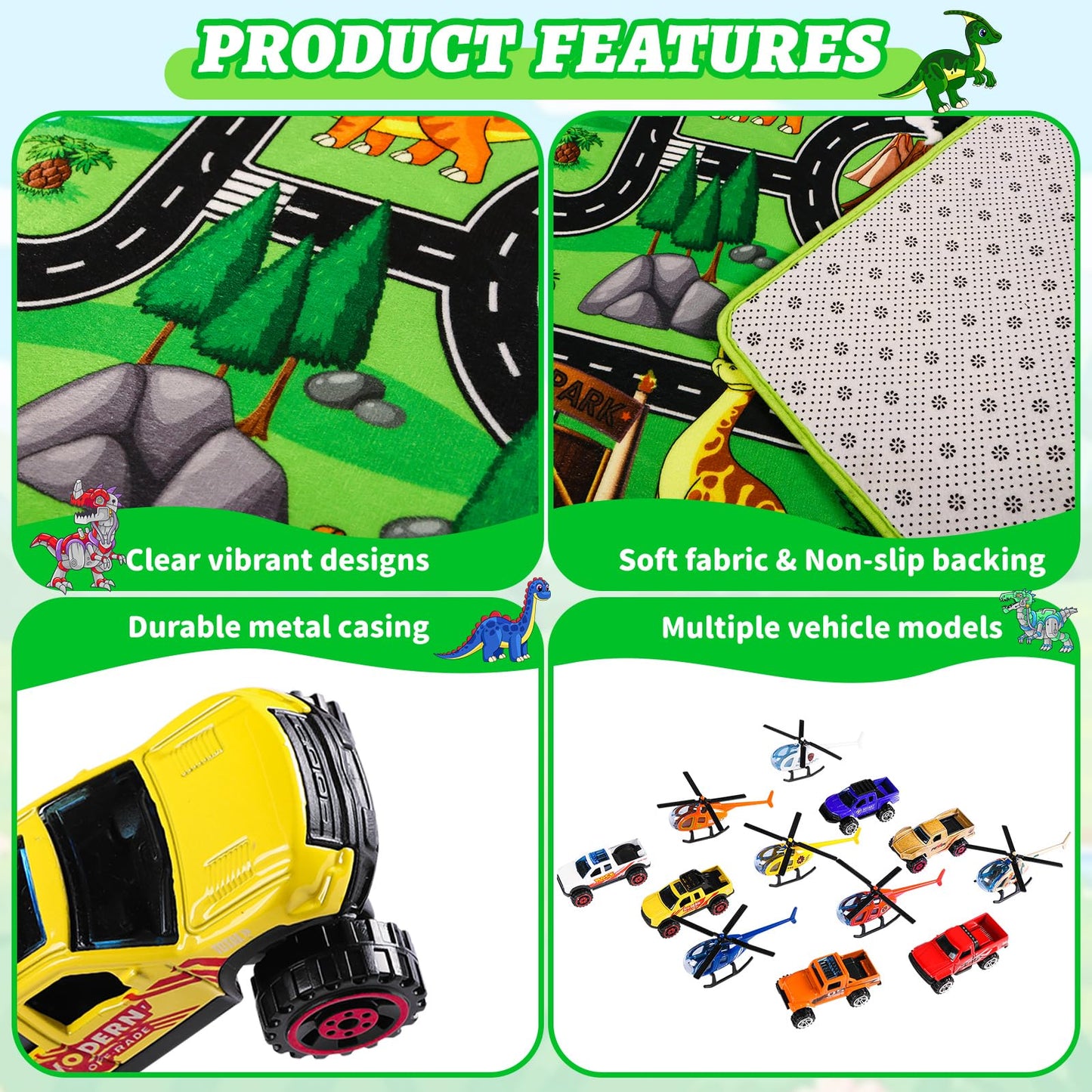 DINSUMRUG Dinosaur Play Rugs Gift Set, Jurassic Car Rug with 12 Metal Vehicles (6 Helicopters + 6 Pickup Trucks), 59"×39.4" Kids Car Play Mat, Dino Park Adventure Rug for Boys Girls 3-8 Years