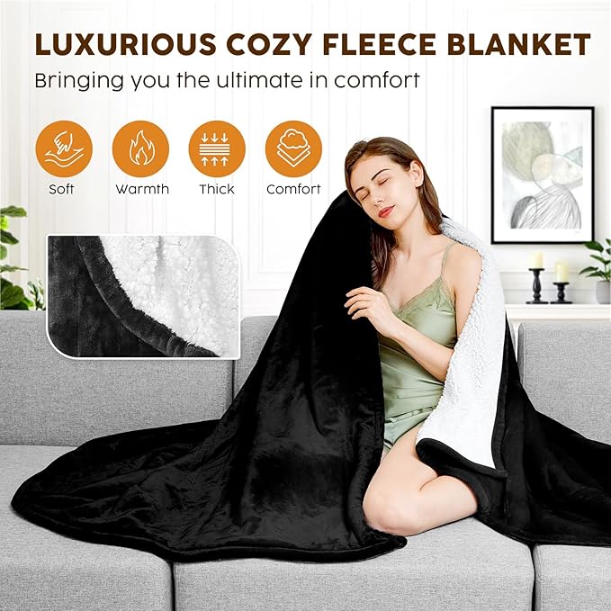 HYLEORY Heated Electric Blanket Queen 84"x90" Soft Fleece & Flannel with 5 Heating Levels & 10 Hours Timer Auto Shutt Off, ETL Certified, Washable，Heated Blanket for Body-Black