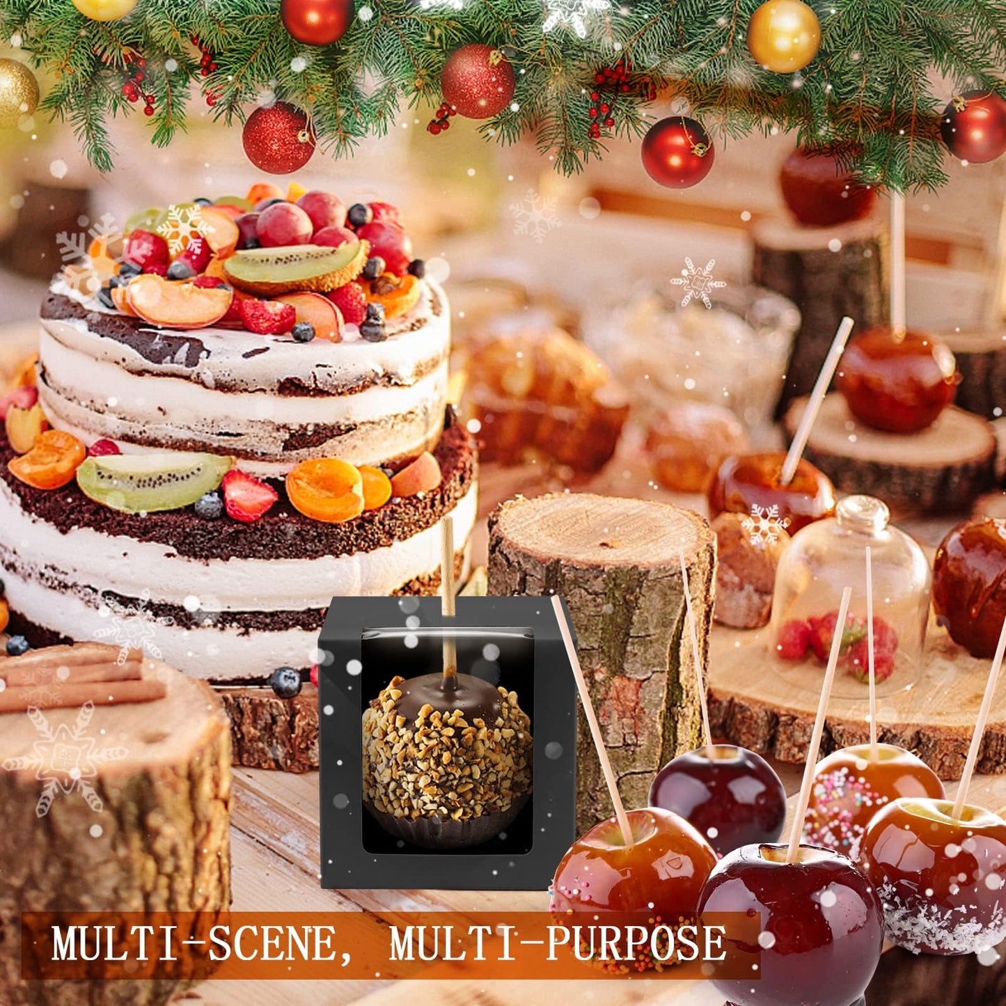 BadenBach 40 Pack Kraft Candy Apple Boxes with Sticks,4" x 4" x 4",Caramel Apple Box Kit Chocolate Cake Treat Boxes with Clear Window for Wedding,Party,Birthday,Baby Shower,Halloween (Black)