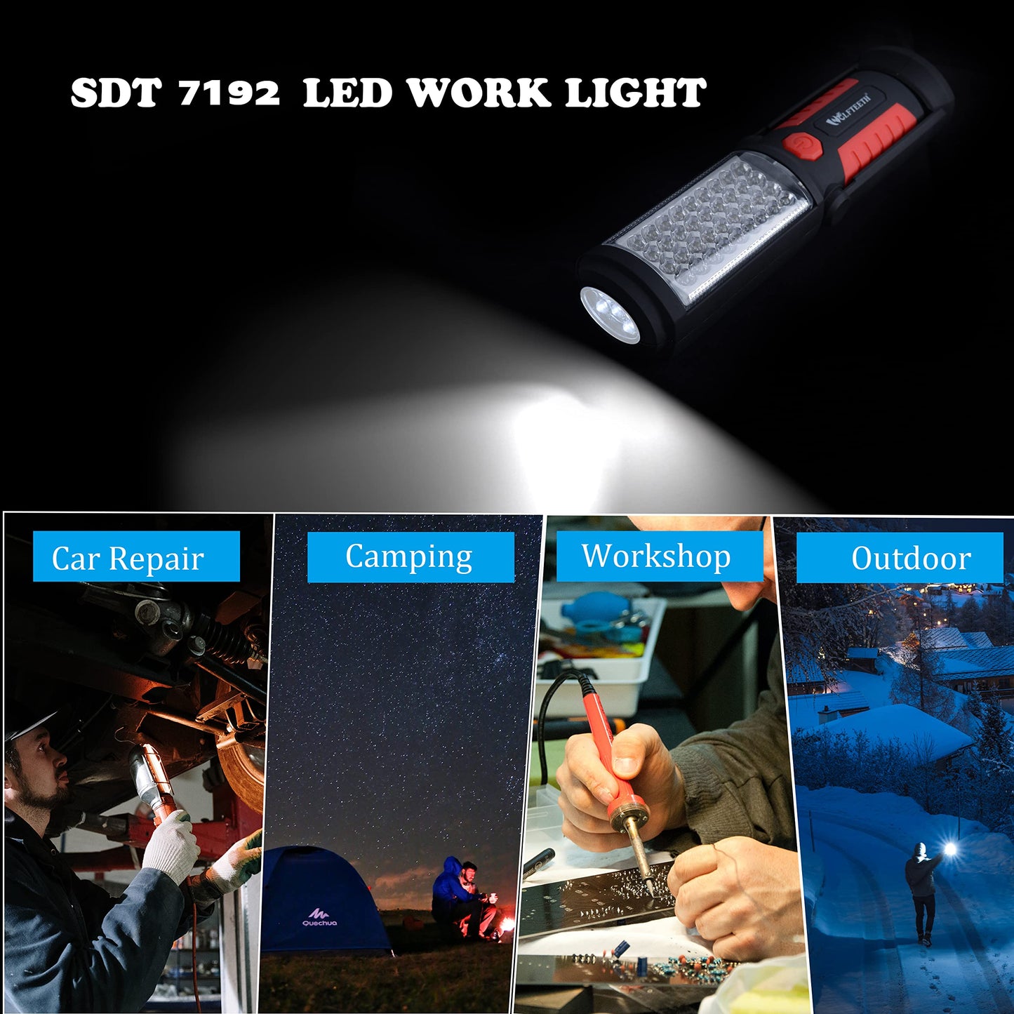 Wolfteeth LED Torches, 36+5 Magnetic Work Light Portable Flashlight Inspection Lamp Camping Light, 360 Degree Hanging Rotary Hook and 270 Degree Magnet Stand Base for Home Work Emergency Use 7192