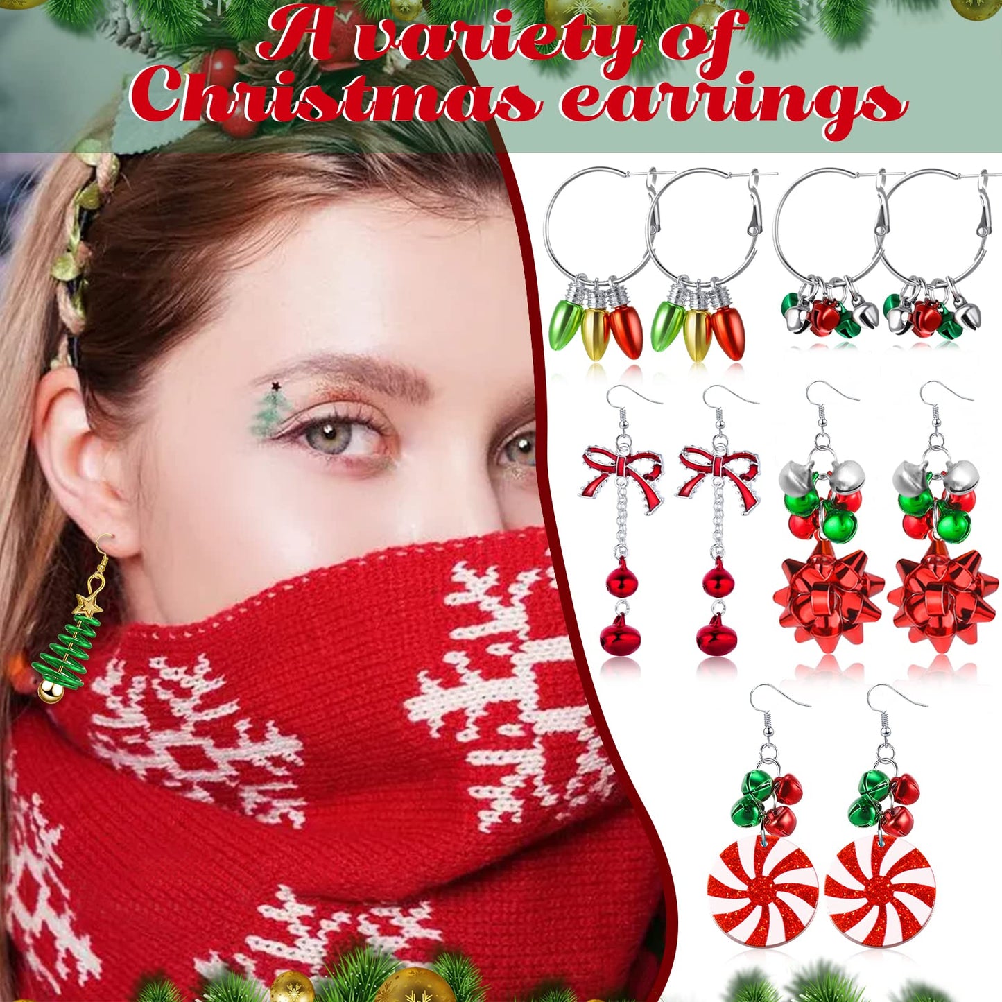 Natonhi 20 Pairs Christmas Earrings for Women, Holiday Xmas Dangle Earrings Bow Tree Bells Snowflake Light Earrings Studs Earrings Set for Bulk Girls Christmas Jewelry Gifts