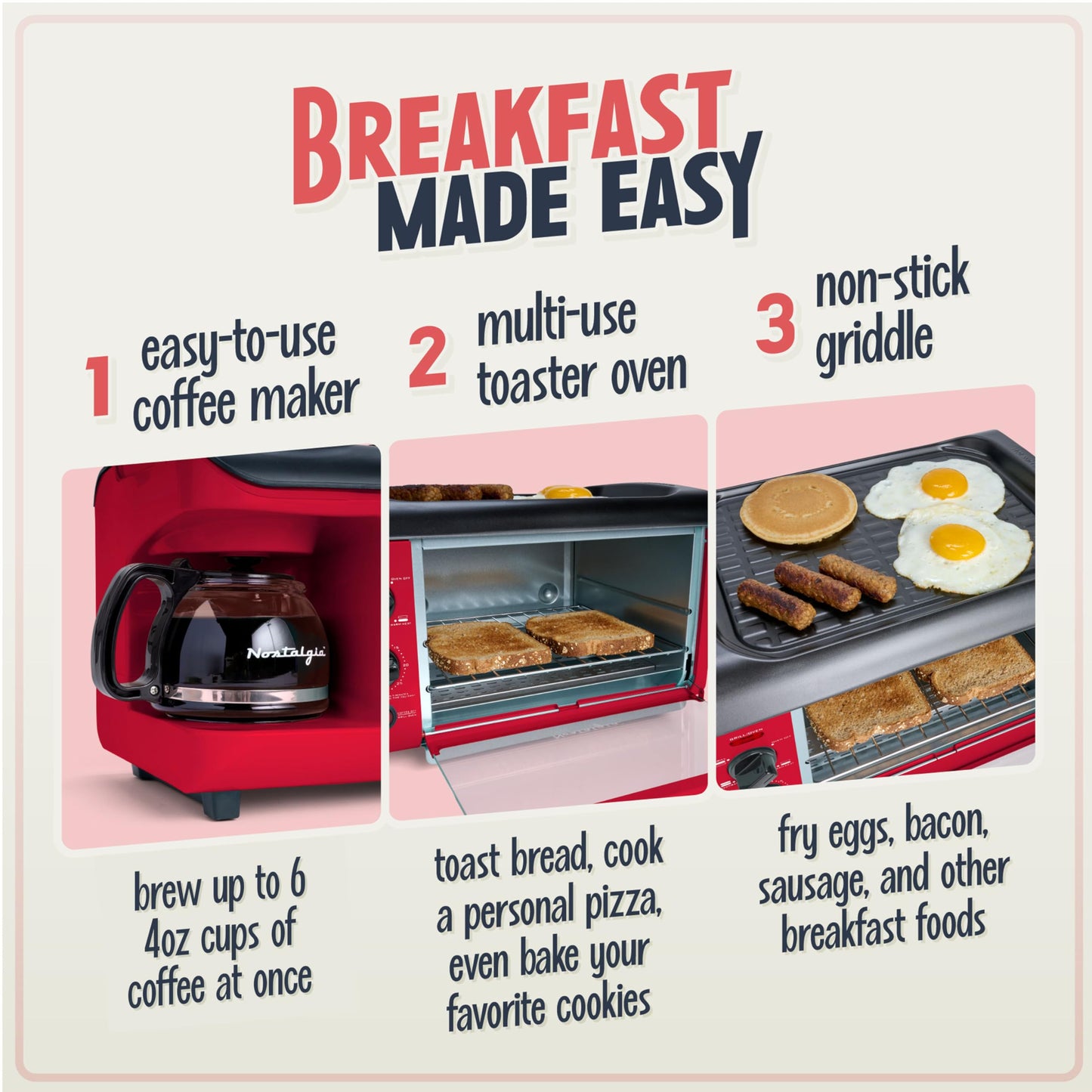 Nostalgia 3-in-1 Breakfast Station - Includes Coffee Maker, Non-Stick Griddle, and 4-Slice Toaster Oven - Versatile Breakfast Maker with Timer - Aqua