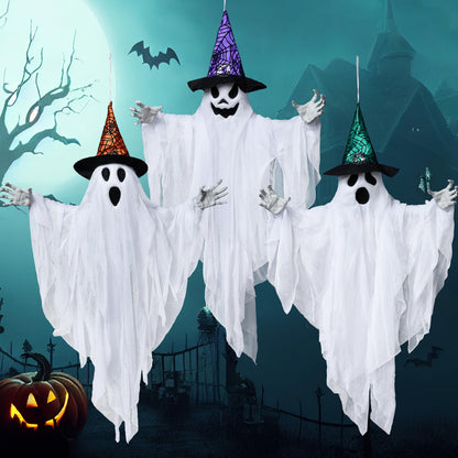 JOYIN 3 Pack 24.8" Halloween Hanging Ghost Decorations, Halloween White Flying Ghost with Hats for Haunted House Graveyard Scene, Spooky Indoor and Outdoor Decor