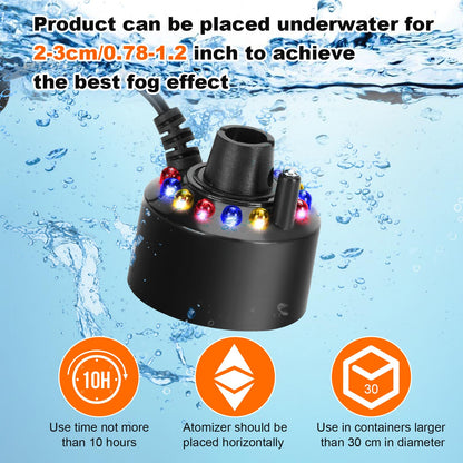 FITNATE Mist Maker, 12 LED Mister Fogger Water Fountain Pond Fog Machine Atomizer Air Humidifier, ultrasonic Mist fogger with Splash Guard, Perfect for Halloween and Other Holidays