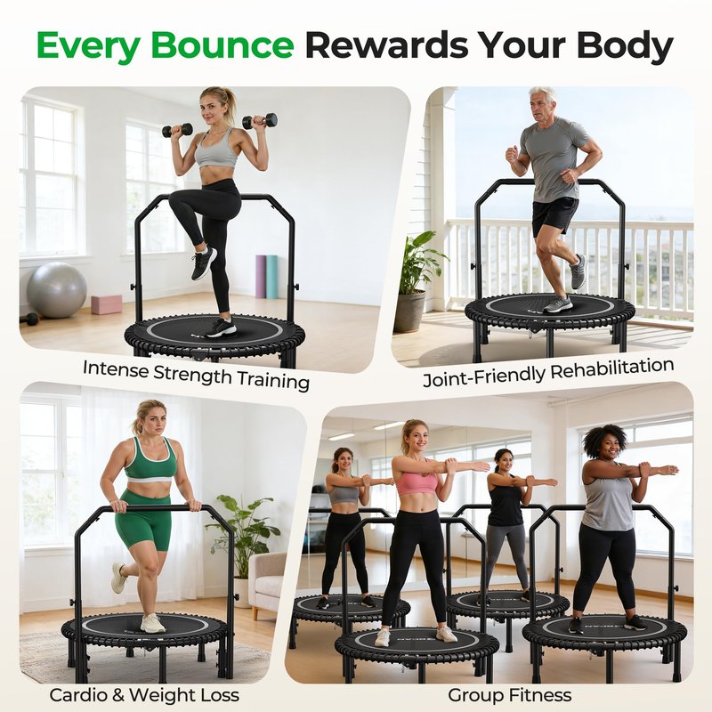 BCAN BT2 450/550LBS Mini Rebounder Trampoline for Adults with Bar, Fitness Trampoline with Bungees, Adjustable Handle, Stable & Quiet, Indoor Outdoor, Whole-Body Workout & Relaxation at Home-40IN-SLV