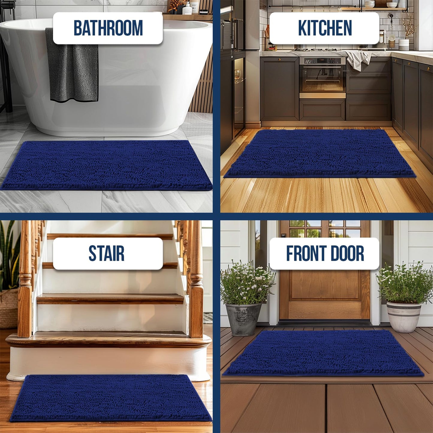 Muddy Mat® | Chenille Bathroom Rugs Quick Dry Microfiber Mats Non Slip Washable, Extra Thick, Soft and Highly Absorbent Bath Mats for Bathroom, Kitchen, and Shower Floor - Navy Blue 19"x30"