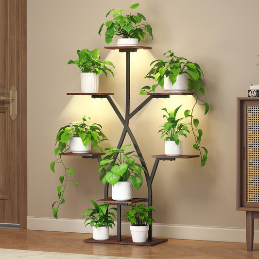 Plant Stand Indoor with Grow Lights 50" Plant Shelf Corner Lighted Plant Stands for Indoor Growing Multiple Metal 7 Tiered Large S-Shape Display Shelves Plant Rack for Home Decor Patio Balcony