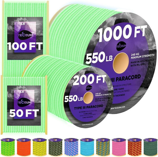 Reflective Paracord Rope - 1000ft Utility Rope for Survival & Camping | Glow in The Dark, Nylon, 40+ Colors