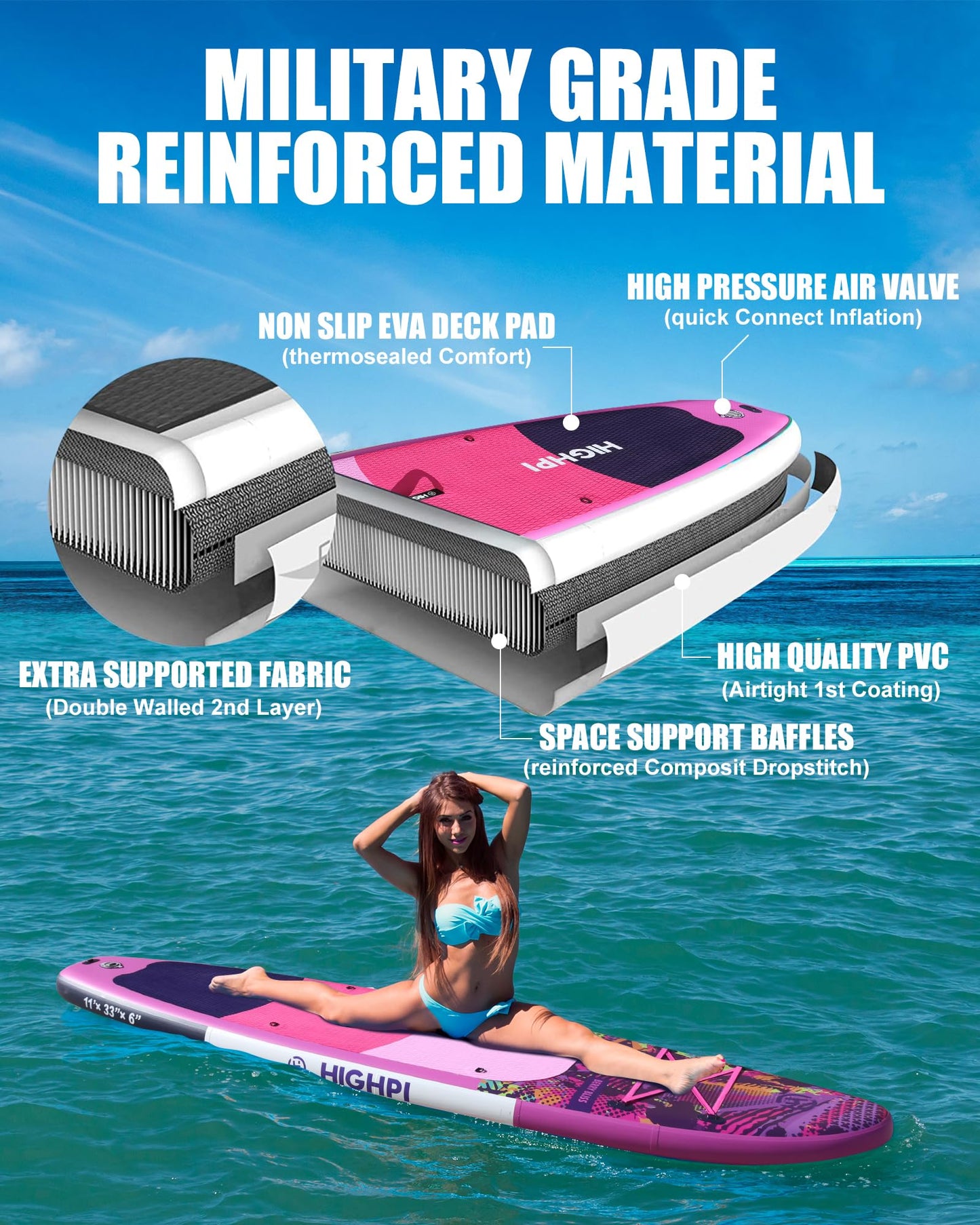 Highpi 11ft Inflatable Stand Up Paddle Board for Youth and Adults – Wide Sup with Premium Accessories, Blow Up Paddleboard for Surfing, Fishing, Yoga & More