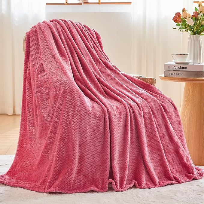 NEWCOSPLAY Super Soft Throw Blanket Coral Pink Premium Silky Flannel Fleece Leaves Pattern Lightweight Bed Blanket All Season Use (Coral Pink, Throw(40"x50"))